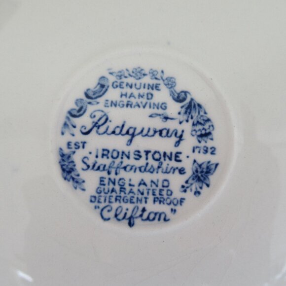 Staffordshire Ridgway Cup & Saucer Clifton England Blue White Scalloped Set of 2 - Picture 8 of 14